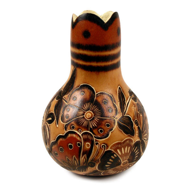 Gourd Flower Vase Hand Carved Peru Natural Floral and Butterflies Birds