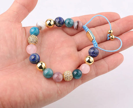 High Quality New Design 10mm Natural Stone Lapis Lazuli Apatite Stone Gemstone Gold CZ Beaded Macrame Bracelet Women-5