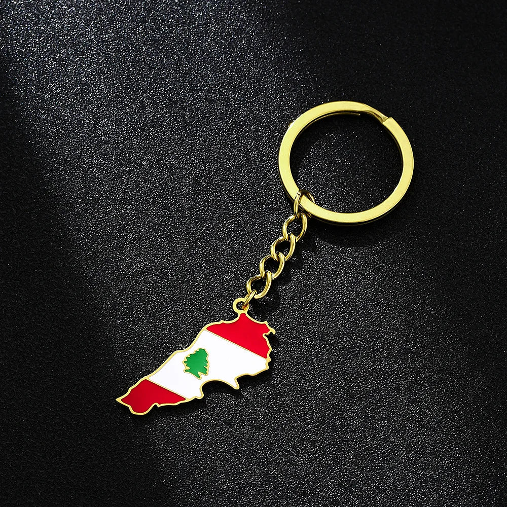 Enameled Lebanon Flag Map Charm Keychain Stainless Steel 18K Gold Plated Key Chain-7