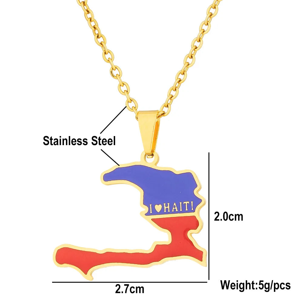 Enameled Haiti Flag Map Chain Necklace Stainless Steel 18K Gold Plated -2