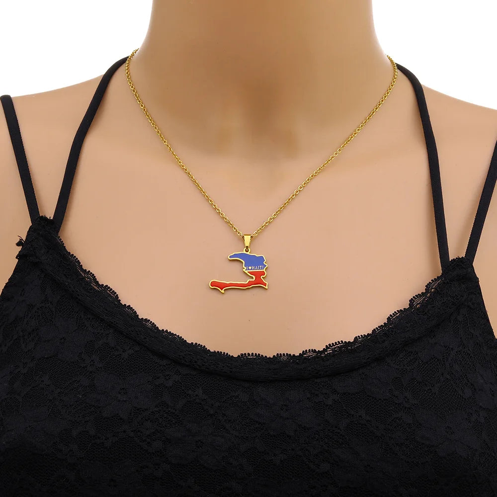 Enameled Haiti Flag Map Chain Necklace Stainless Steel 18K Gold Plated -5