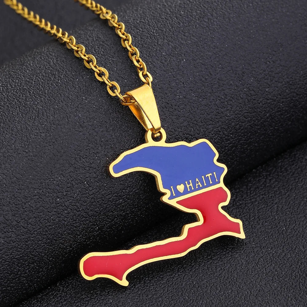 Enameled Haiti Flag Map Chain Necklace Stainless Steel 18K Gold Plated -0
