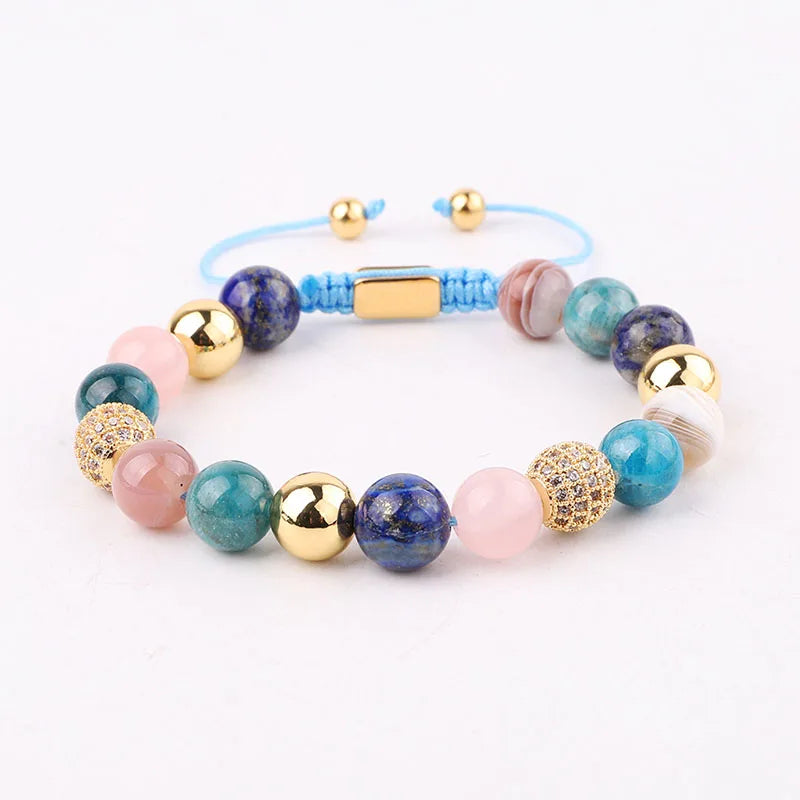 High Quality New Design 10mm Natural Stone Lapis Lazuli Apatite Stone Gemstone Gold CZ Beaded Macrame Bracelet Women-0