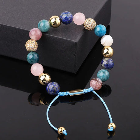 High Quality New Design 10mm Natural Stone Lapis Lazuli Apatite Stone Gemstone Gold CZ Beaded Macrame Bracelet Women-4