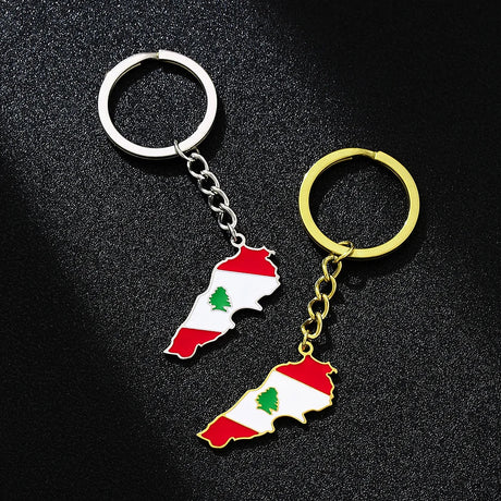 Enameled Lebanon Flag Map Charm Keychain Stainless Steel 18K Gold Plated Key Chain-0