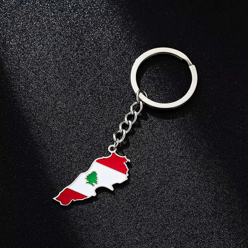 Enameled Lebanon Flag Map Charm Keychain Stainless Steel 18K Gold Plated Key Chain-8