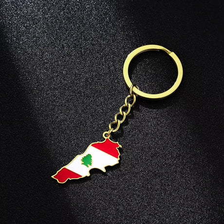 Enameled Lebanon Flag Map Charm Keychain Stainless Steel 18K Gold Plated Key Chain-9
