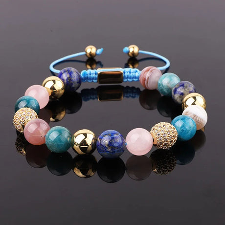 High Quality New Design 10mm Natural Stone Lapis Lazuli Apatite Stone Gemstone Gold CZ Beaded Macrame Bracelet Women-3