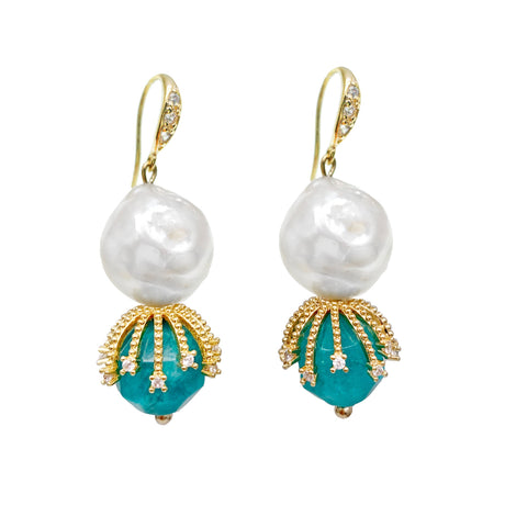 Freshwater Pearls With Aqua Jade Dangle Earrings HE008-0