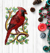 Cardinal on Branch, Painted Haitian Steel Drum Wall Art