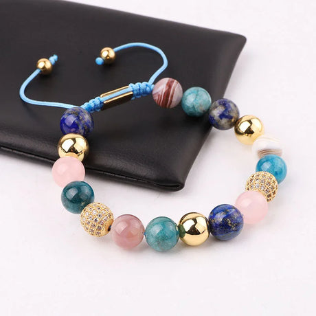 High Quality New Design 10mm Natural Stone Lapis Lazuli Apatite Stone Gemstone Gold CZ Beaded Macrame Bracelet Women-2