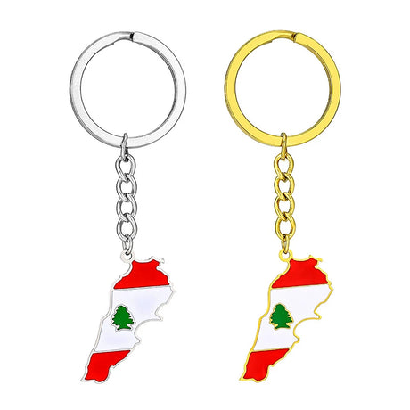 Enameled Lebanon Flag Map Charm Keychain Stainless Steel 18K Gold Plated Key Chain-0