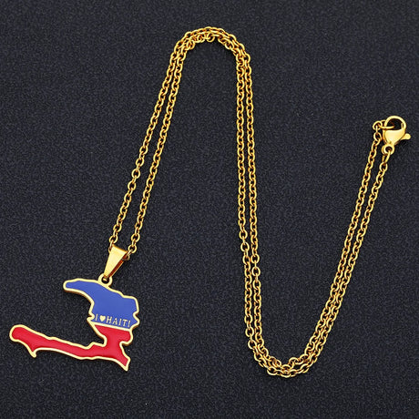 Enameled Haiti Flag Map Chain Necklace Stainless Steel 18K Gold Plated -4