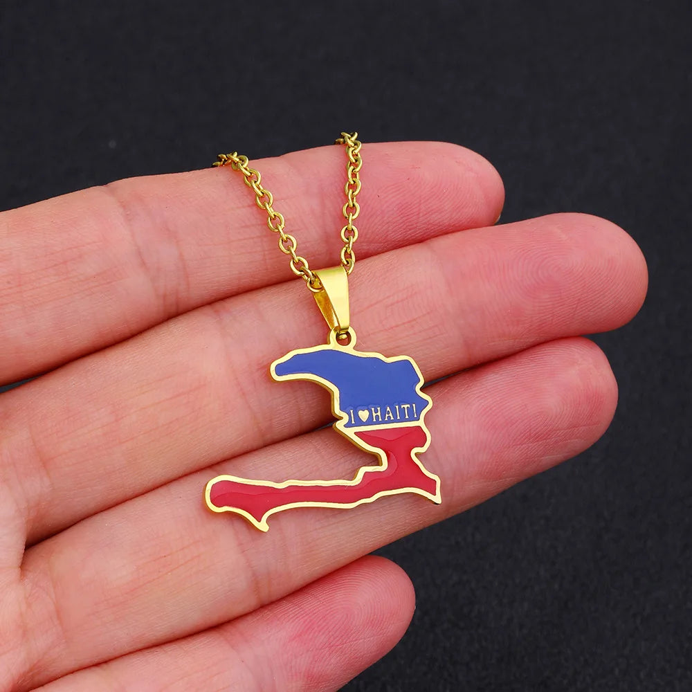 Enameled Haiti Flag Map Chain Necklace Stainless Steel 18K Gold Plated -3