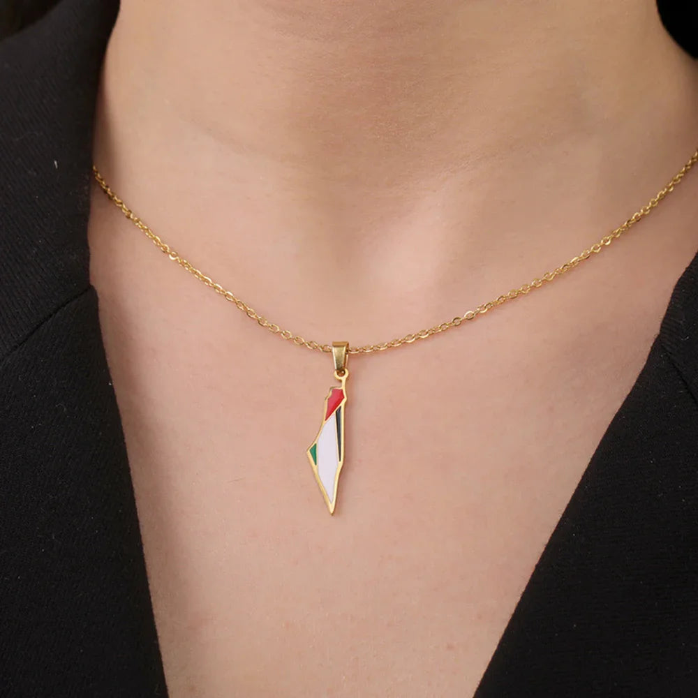 Enameled Palestine Flag Map Chain Necklace Stainless Steel 18K Gold Plated-5