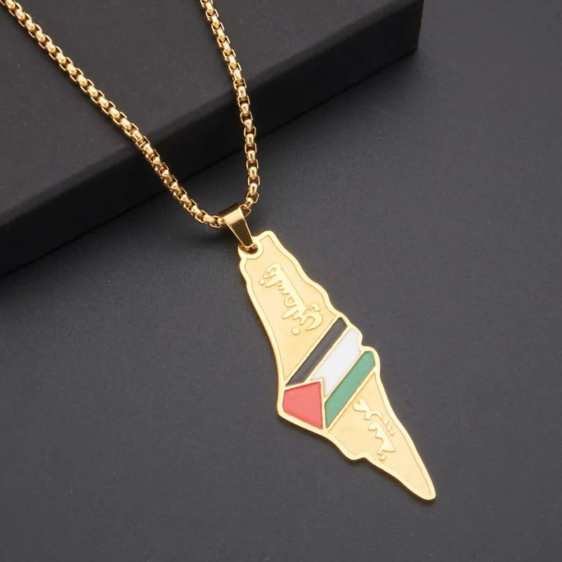 Enameled Palestine Flag Map Chain Necklace Stainless Steel 18K Gold Plated-7