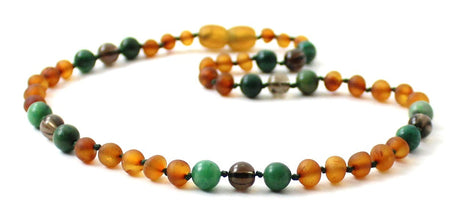 Amber Cognac Unpolished, Jade and Quartz Necklace-3