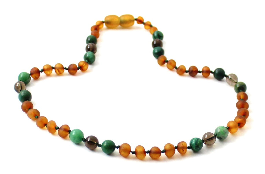 Amber Cognac Unpolished, Jade and Quartz Necklace-2