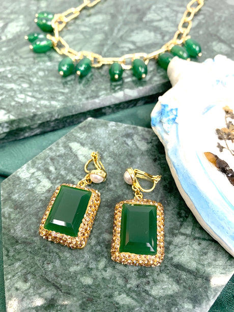 Rectangle Shaped Green Jade Rhinestone Clip-on Earrings HE005-3