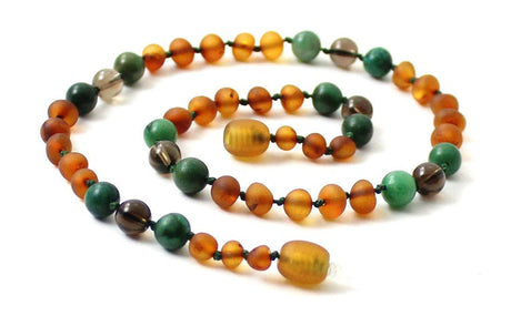 Amber Cognac Unpolished, Jade and Quartz Necklace-0