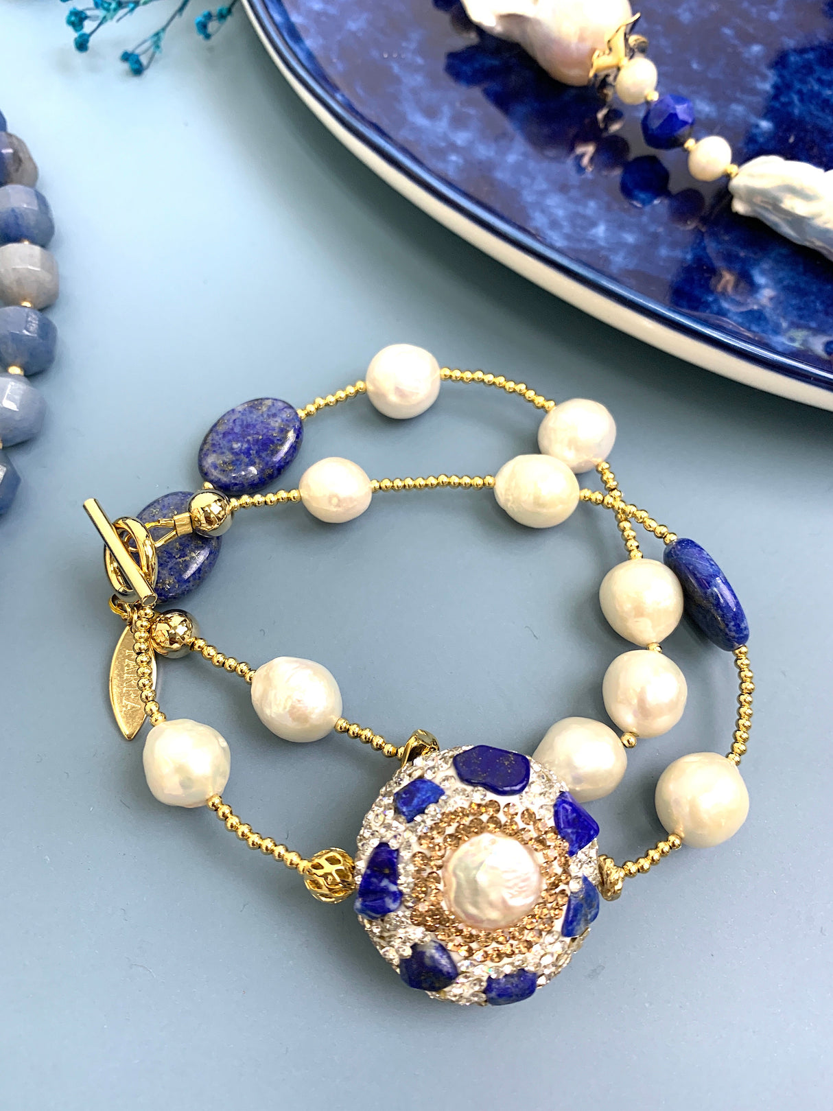 Pearls and Lapis Rhinestone Double Layers Bracelet / Choker GB050-3