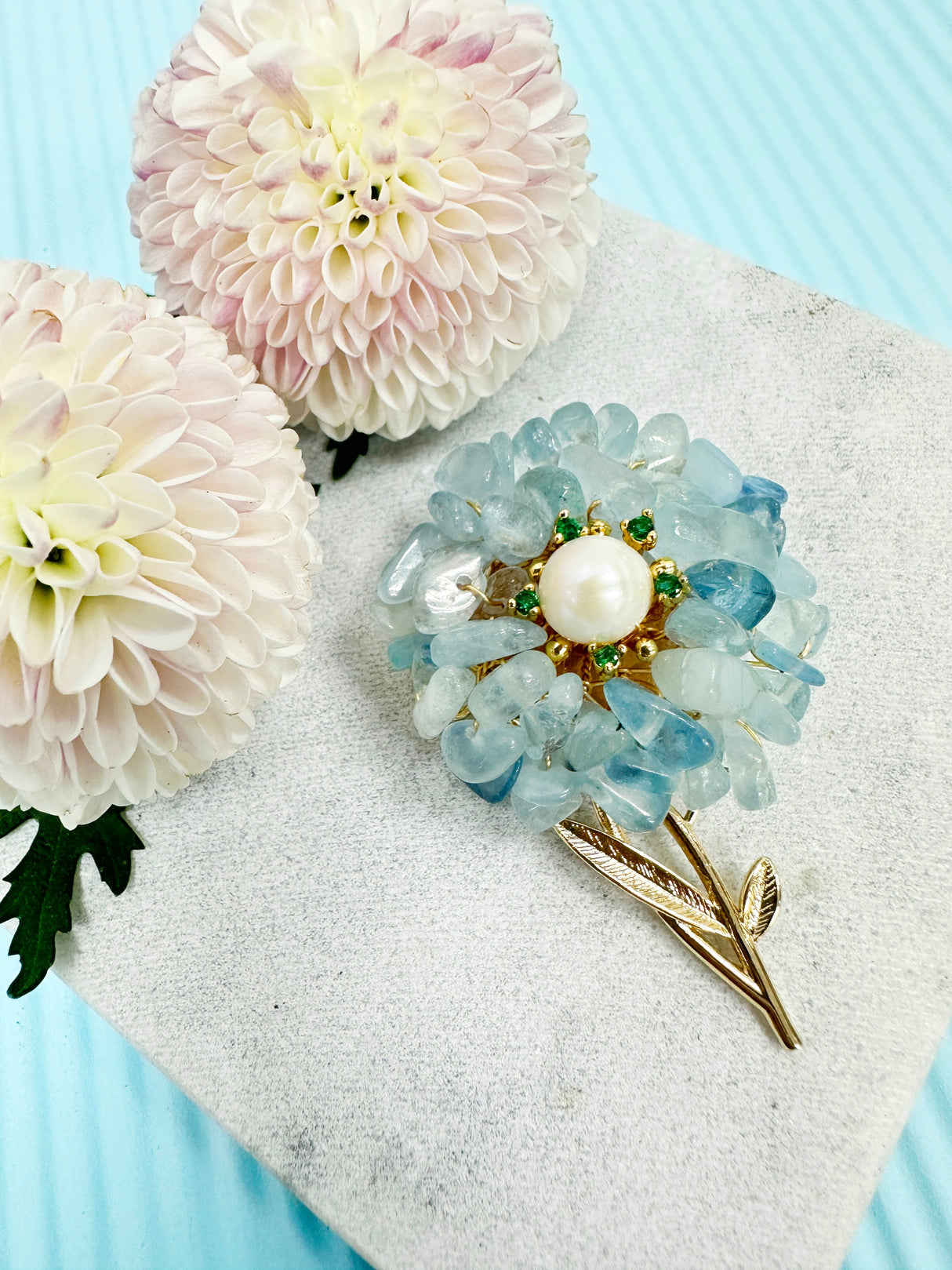 Handcrafted Flower Shape Natural Aquamarine Brooch LP003-2