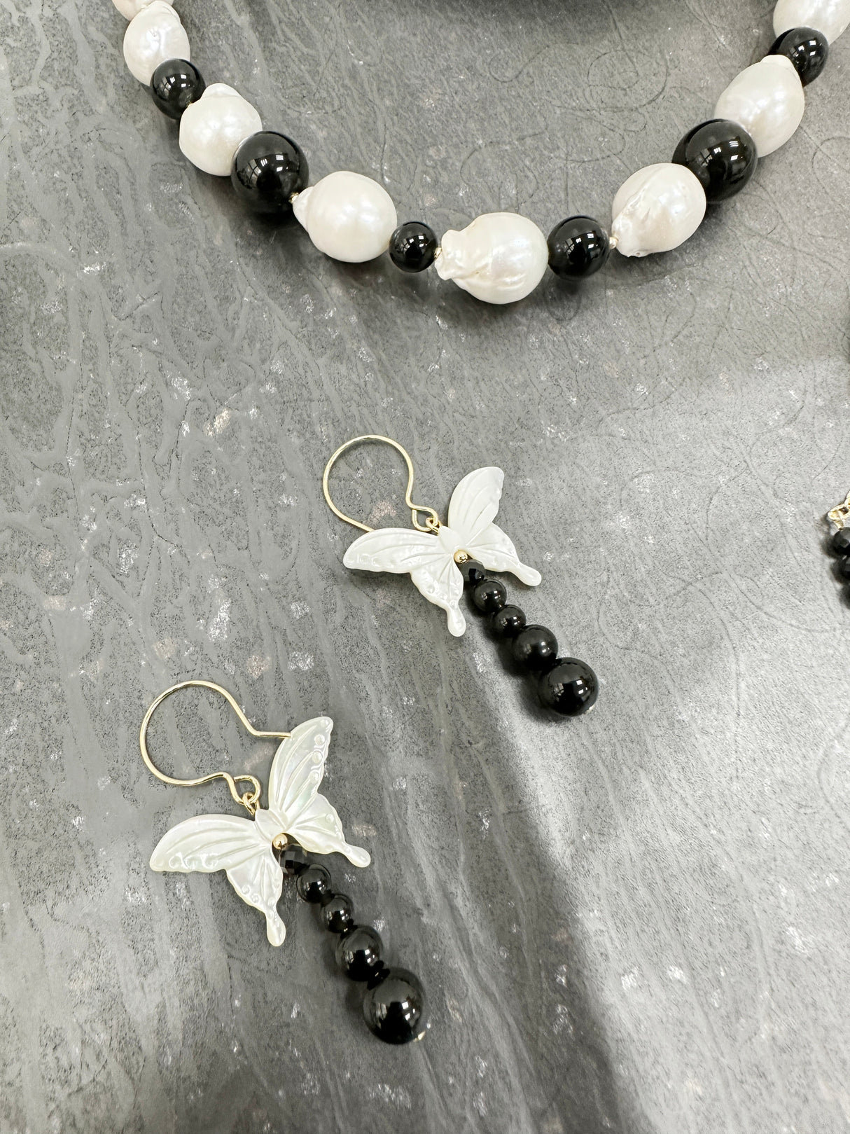 Butterfly Shell with Black Obsidian Statement Earrings LE042-3