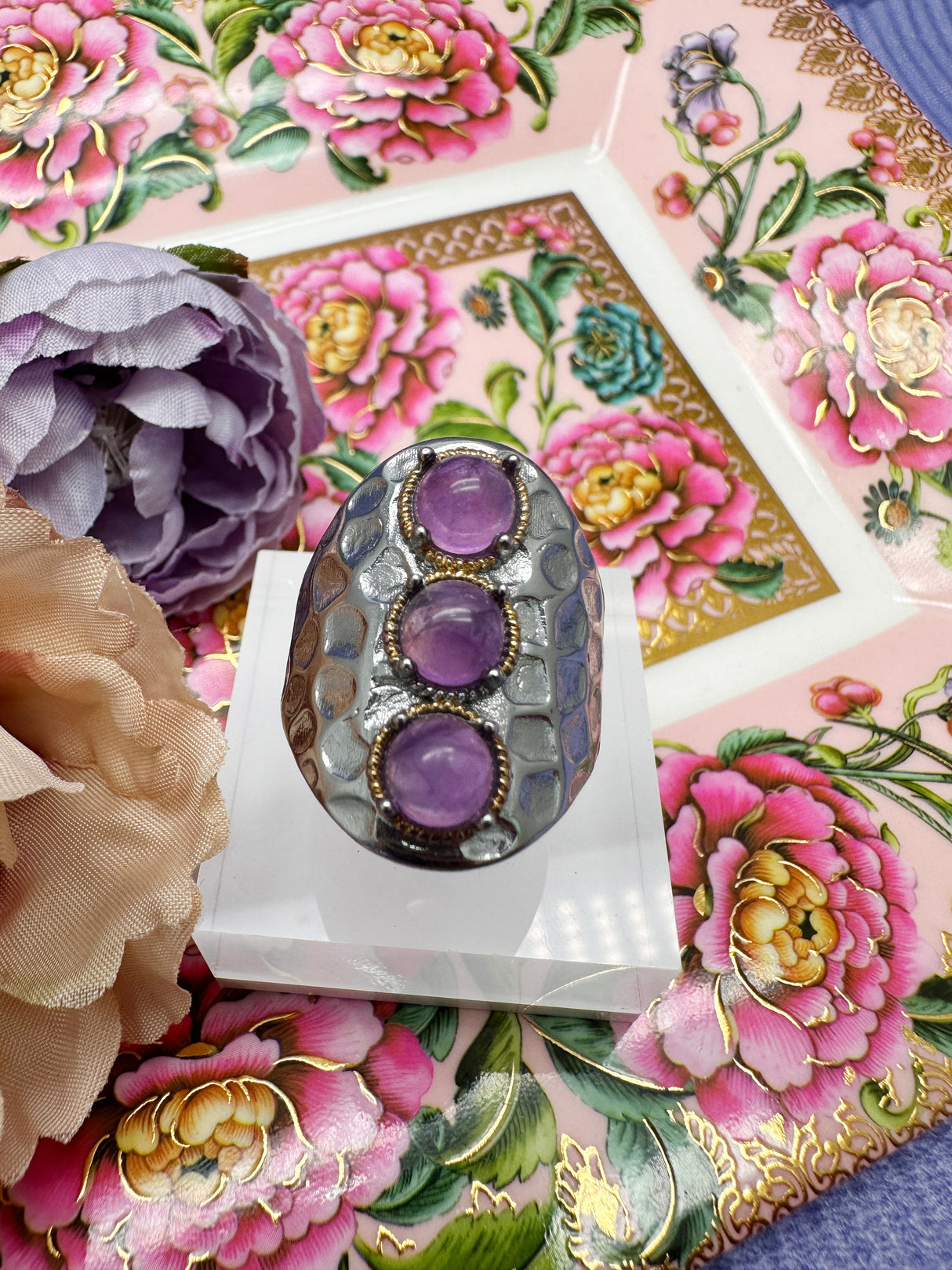 Amethyst Stones Nugget Adjustable Ring LR002-3