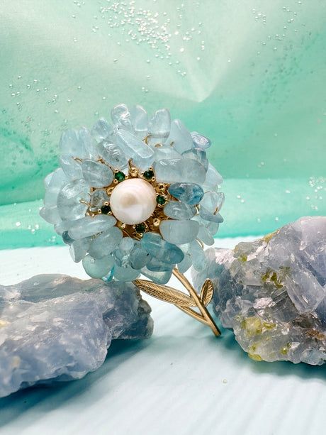 Handcrafted Flower Shape Natural Aquamarine Brooch LP003-4