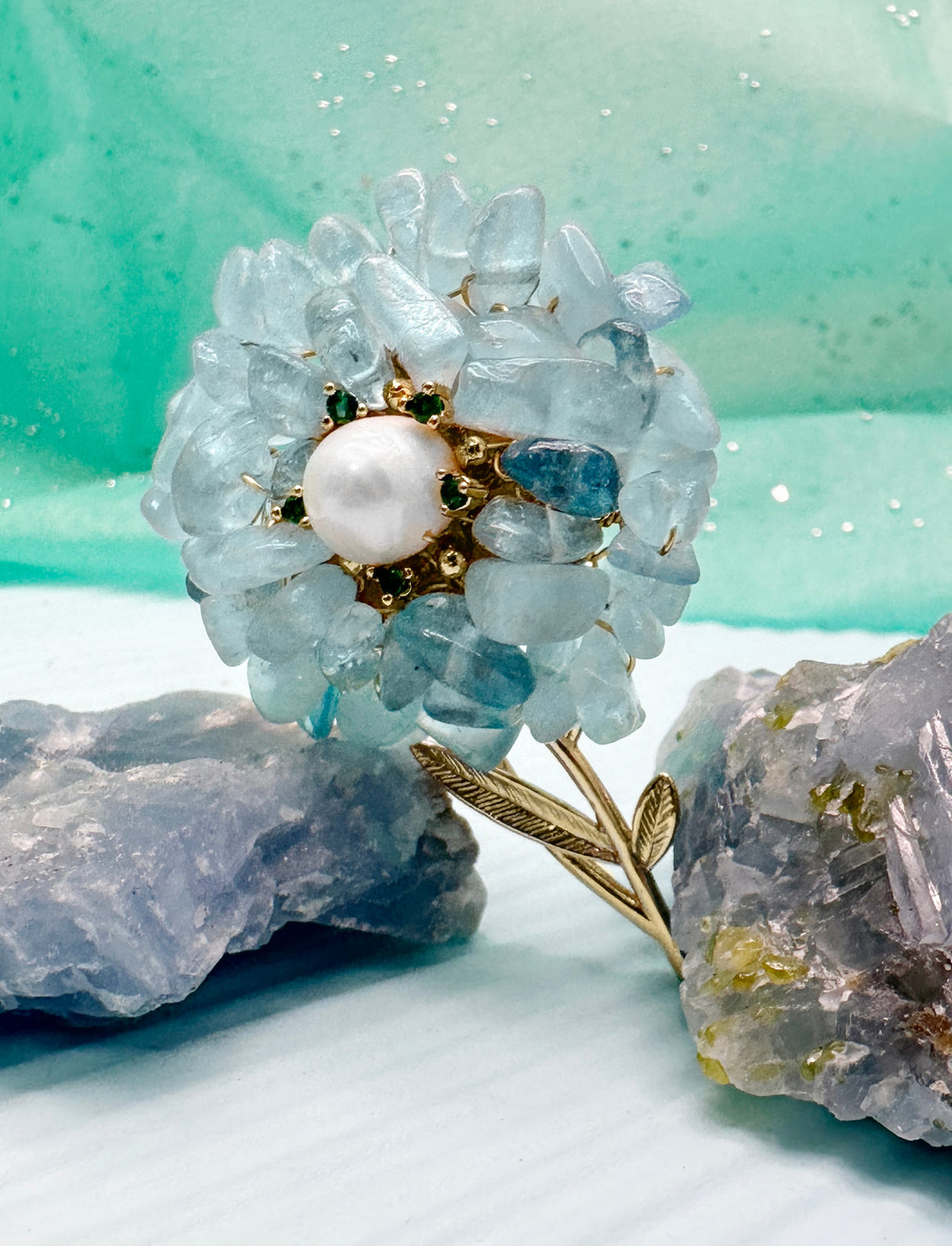 Handcrafted Flower Shape Natural Aquamarine Brooch LP003-3