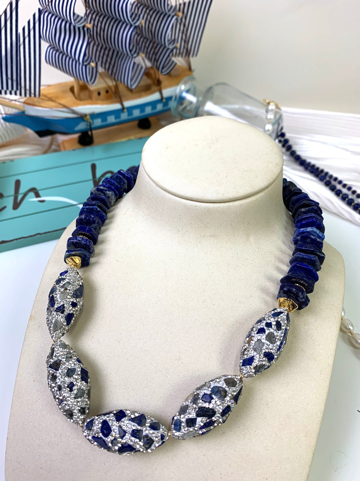 Lapis With Rhinestones Statement Necklace EN016-4