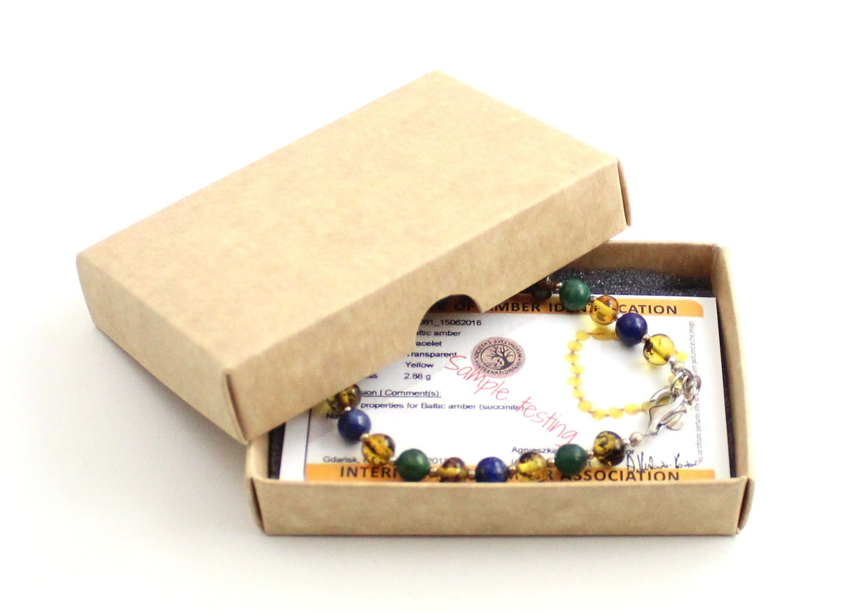 Amber Green Polished Bracelet With Silver, Jade and Lapis Lazuli-1