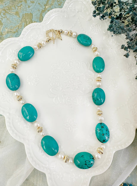 Oval Turquoise & Freshwater Pearls Statement Necklace KN009-4