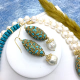 Rhinestone bordered turquoise with freshwater pearls Earrings AE019-1