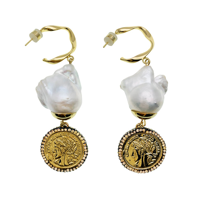 Baroque Pearl With Coin Charm Dangle Earrings EE024-0