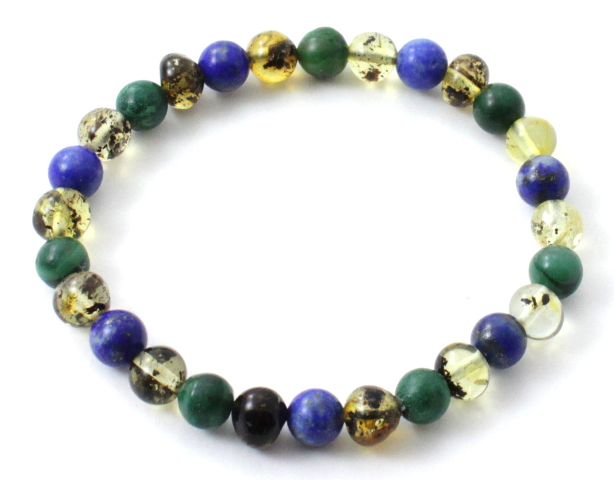 Amber Green Polished Stretch Bracelet With Jade and Lapis Lazuli-0