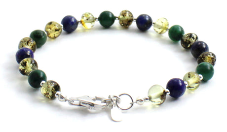 Amber Green Polished Bracelet With Silver, Jade and Lapis Lazuli-3