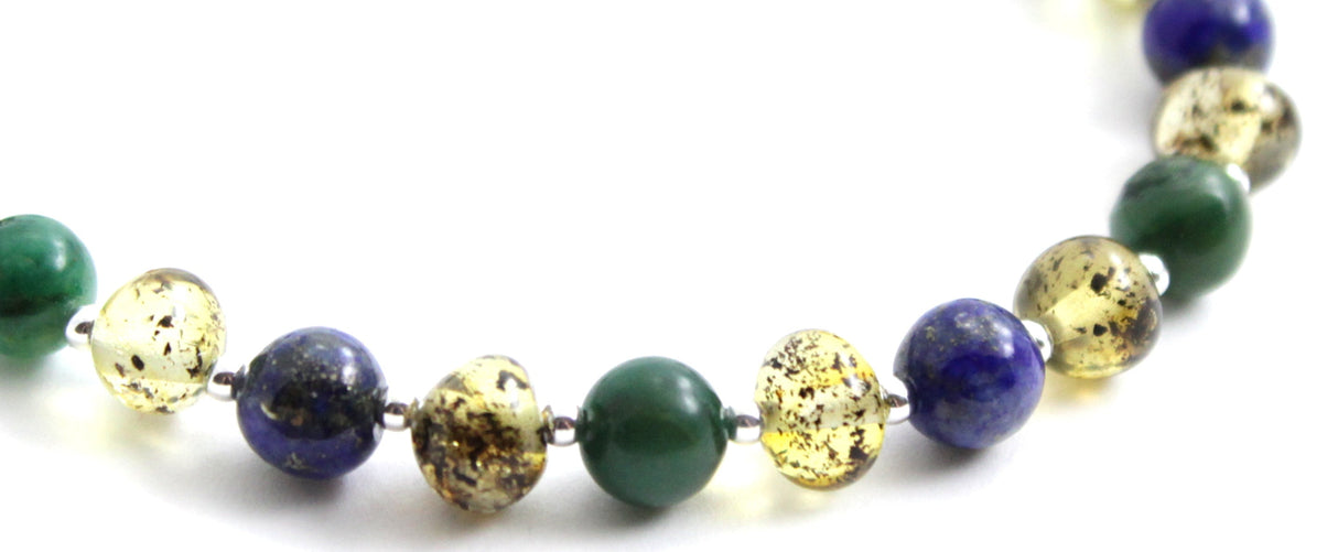 Amber Green Polished Bracelet With Silver, Jade and Lapis Lazuli-2