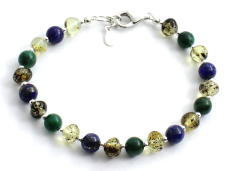 Amber Green Polished Bracelet With Silver, Jade and Lapis Lazuli-0