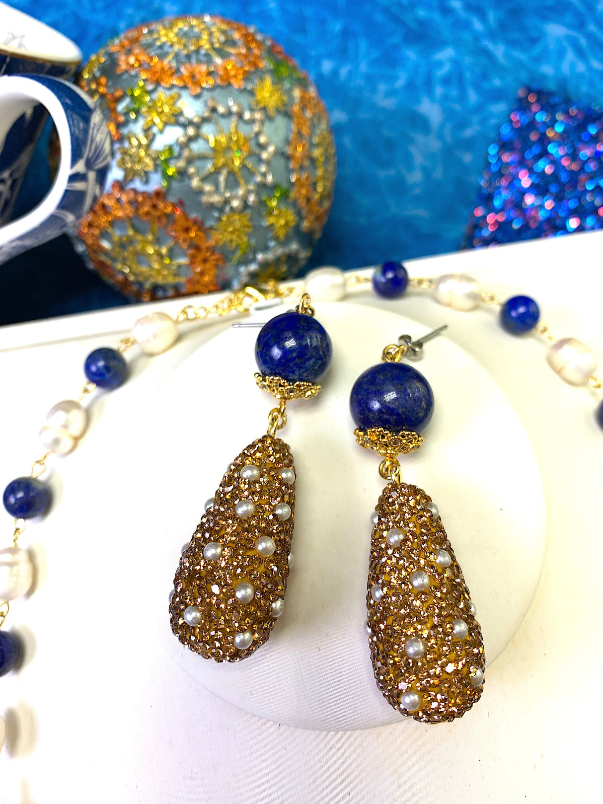 Lapis With Teardrop Rhinestones Sophisticated Dangle Earrings FE013-2