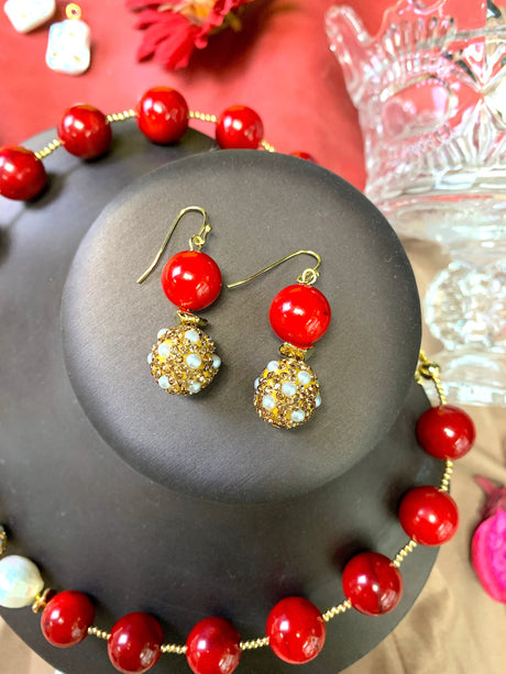 Red Coral With Rhinestones Bordered Pearls Earrings FE006-2