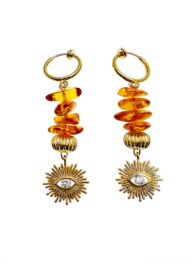 Natural Amber With Evil Eye Dangle Clip-on Earrings JE014-0