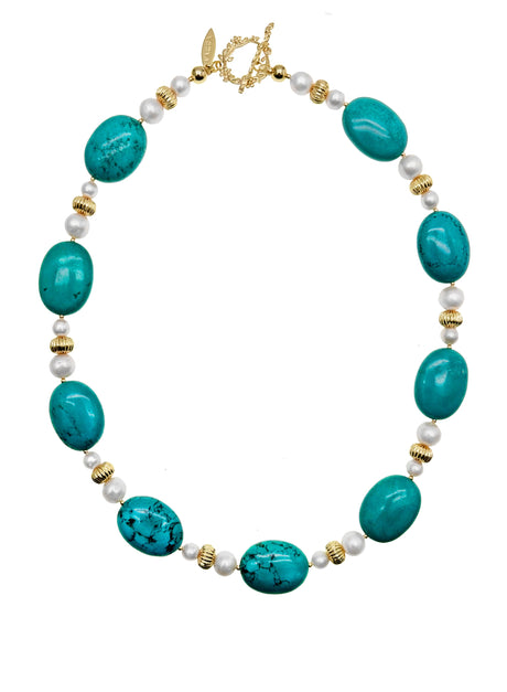 Oval Turquoise & Freshwater Pearls Statement Necklace KN009-0