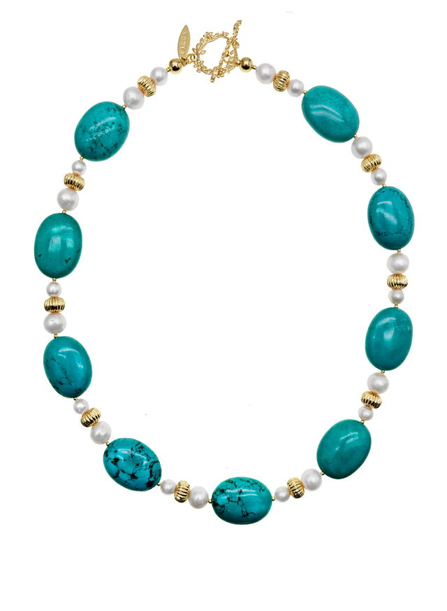 Oval Turquoise & Freshwater Pearls Statement Necklace KN009-0