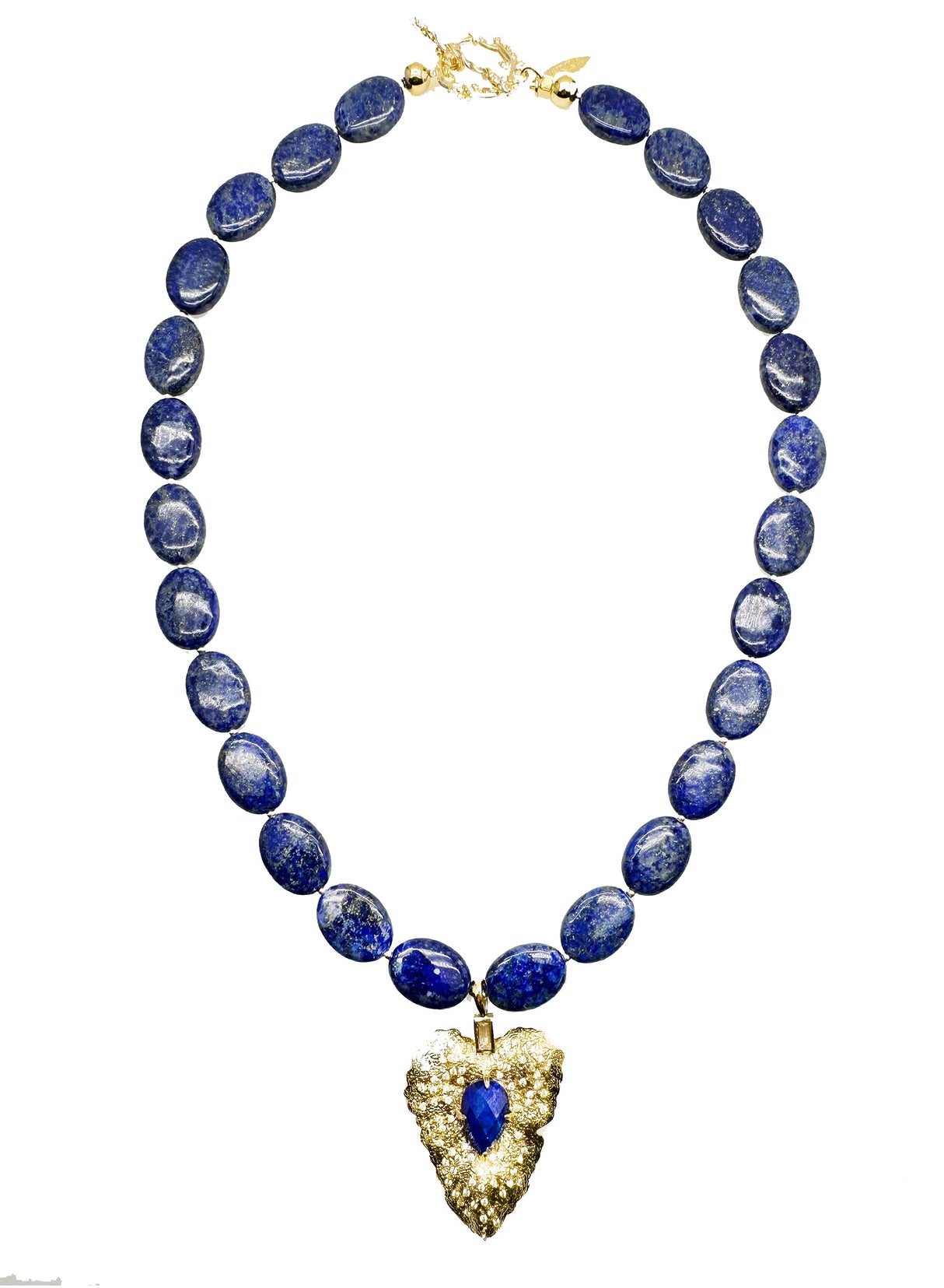 Oval Lapis With Leaf Pendant Necklace KN016-0