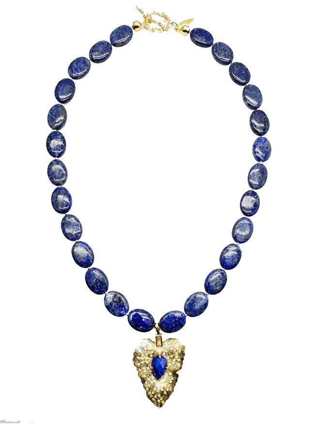 Oval Lapis With Leaf Pendant Necklace KN016-0