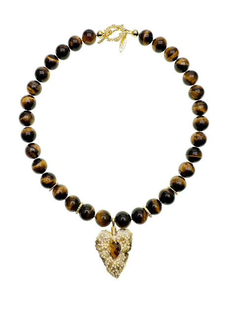 Tiger Eye Stone With Leaf Pendant Necklace KN038-1