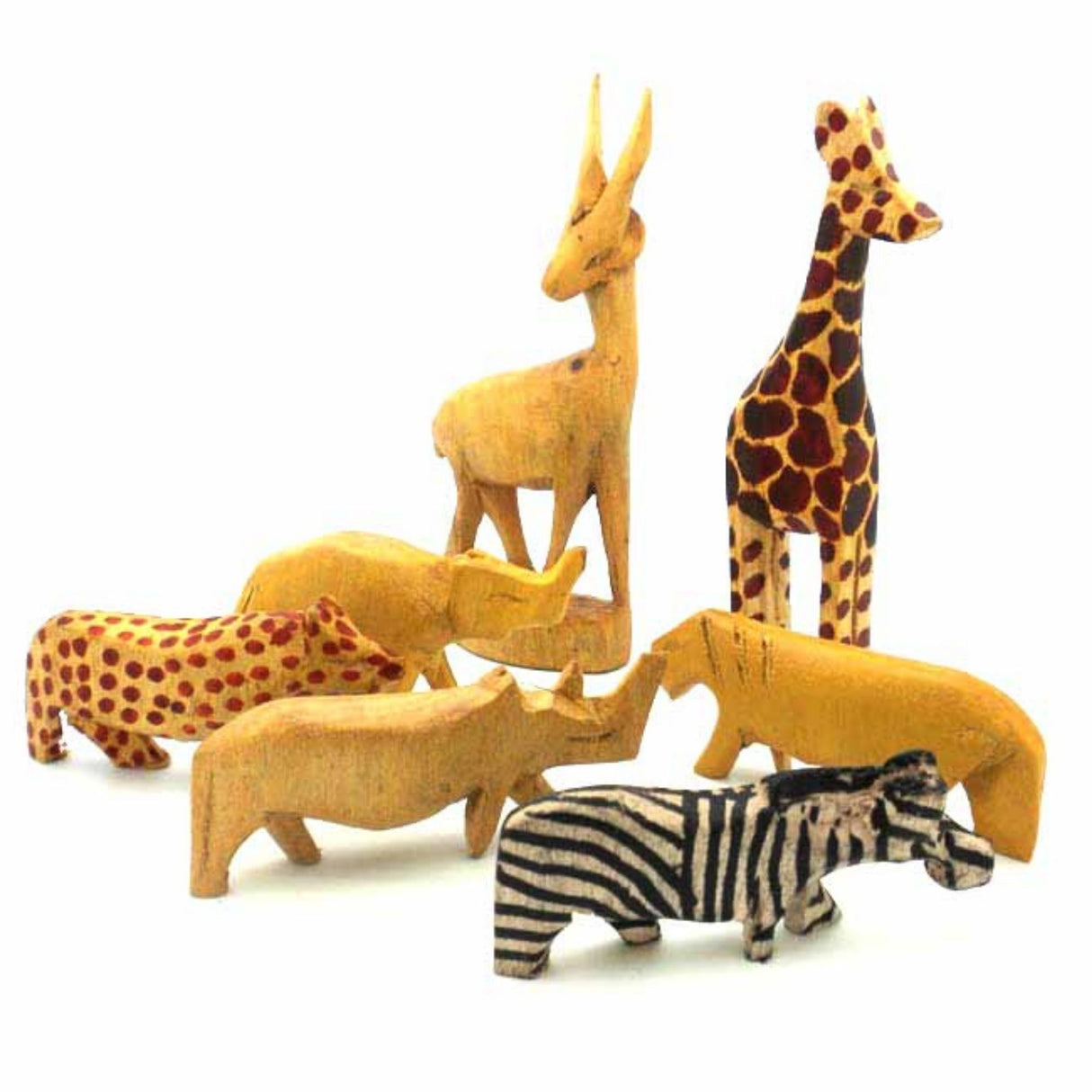 Handcarved Miniature Wood Safari Animals, Set of 7