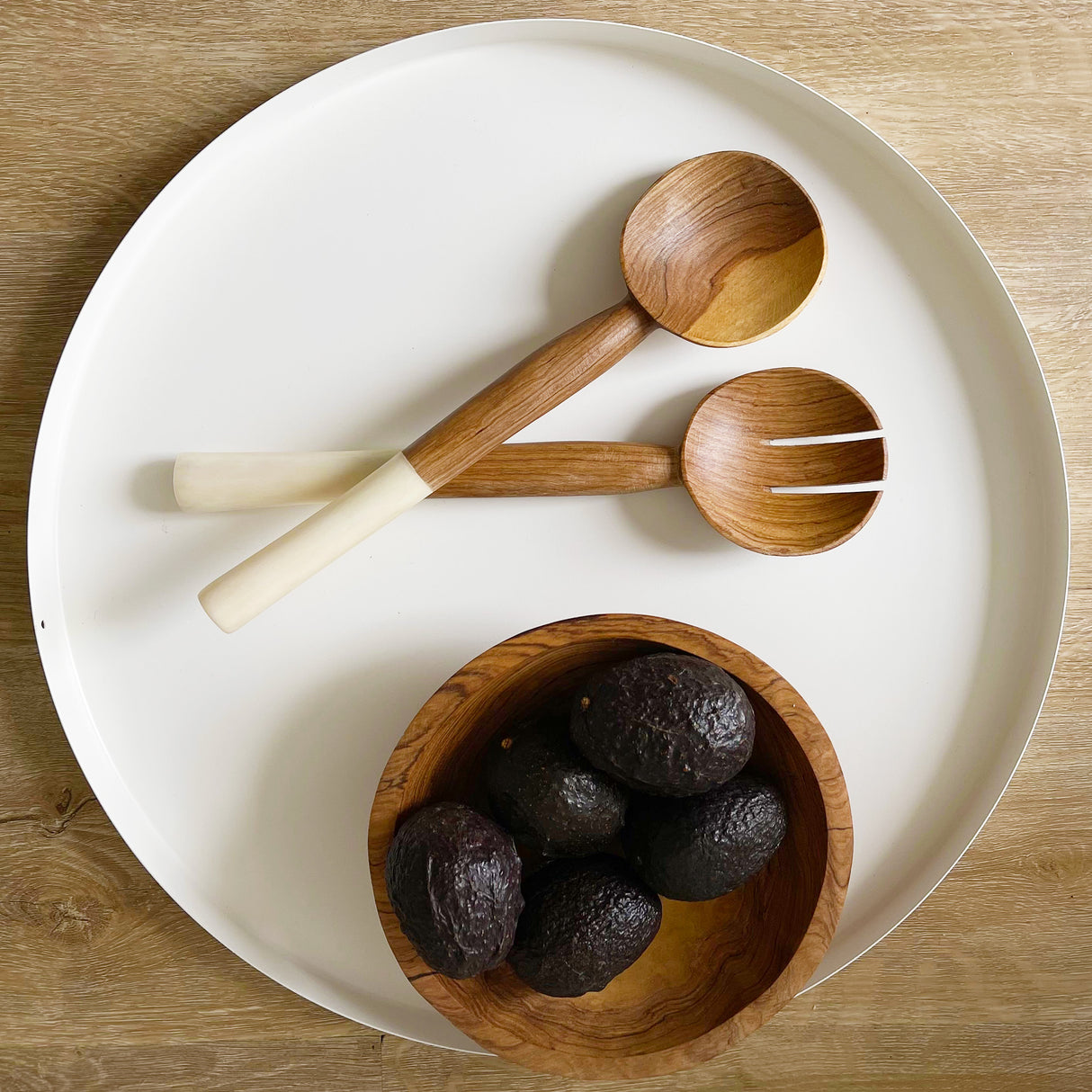 Olive Wood Salad Servers with White Bone