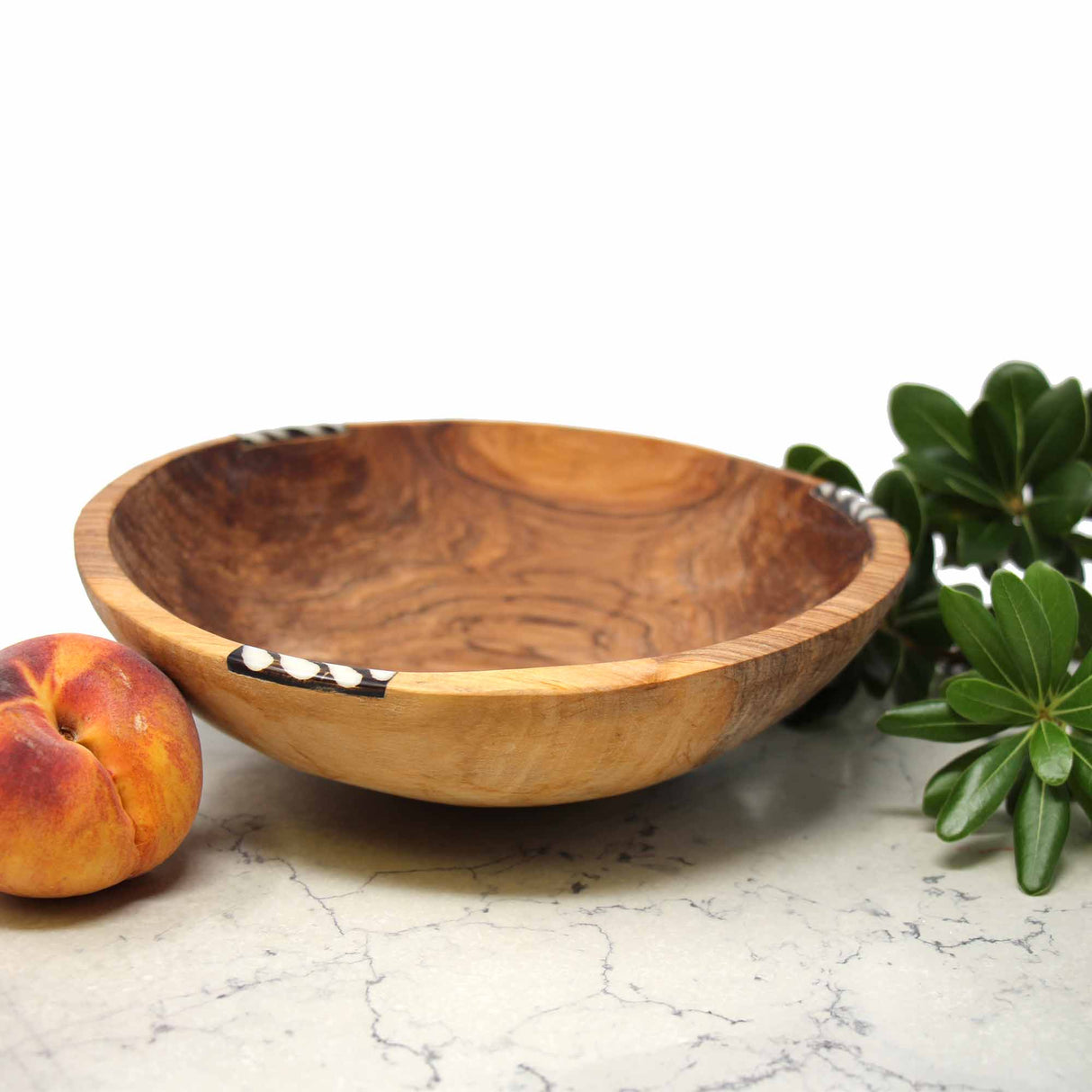 Hand-carved Olive Wood Bowl 9 inch with Inlaid Bone